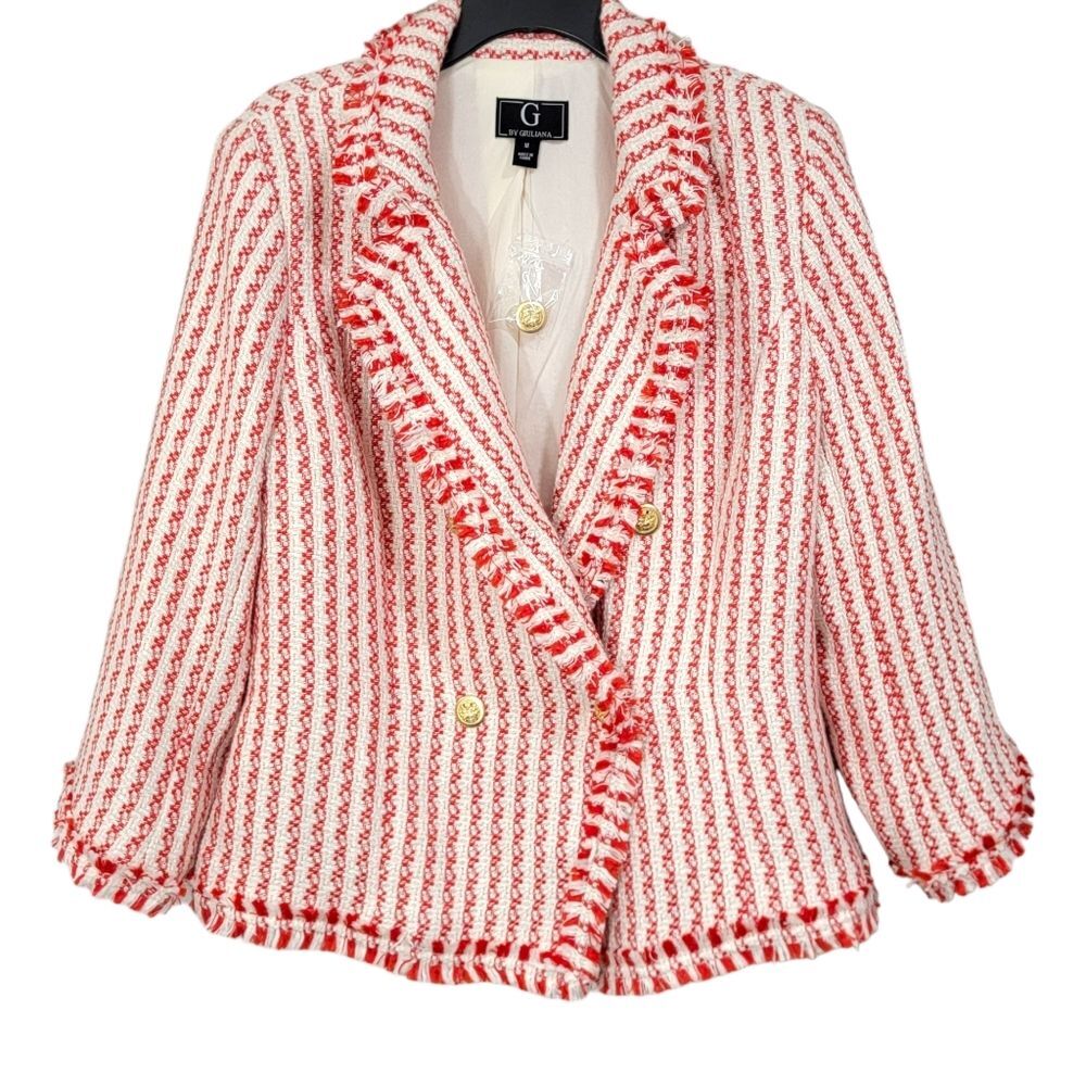 G By Giuliana Houndstooth Orange & White 3/4 sleeve Fringe Blazer Women Med NWOT